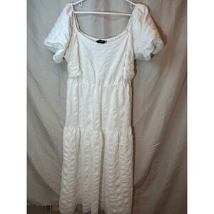 Escalier White Puff Sleeve Tiered Midi Dress XL Cottagecore Smocked Back Tie